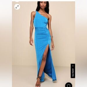 Lulus - Especially Breathtaking Blue Ruched One-Shoulder Maxi Dress